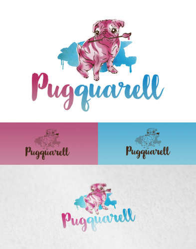 Logo for very colorful watercolor paintings of pugs and other dogs